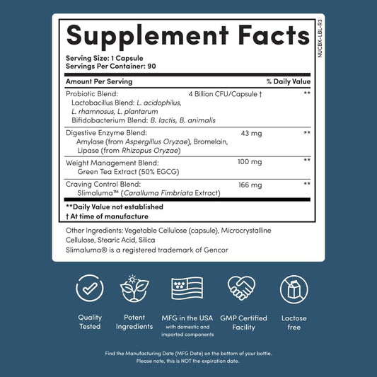 Probiotic Weight Management Supplement for Digestion, Metabolism & Appetite Support | 4-in-1 Digestive Health Formula Capsules (90 Count)