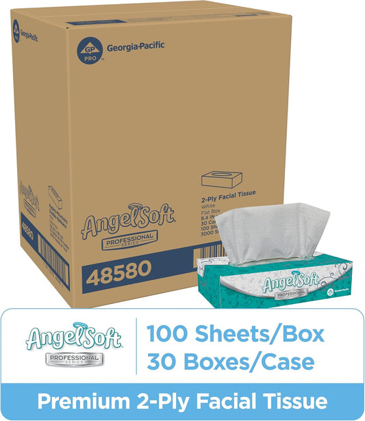 Georgia-Pacific Angel Soft Professional Series 2-Ply Facial Tissue (48580), 100 Sheets Per Box, 30 Tissue Flat Boxes Per Bulk Case