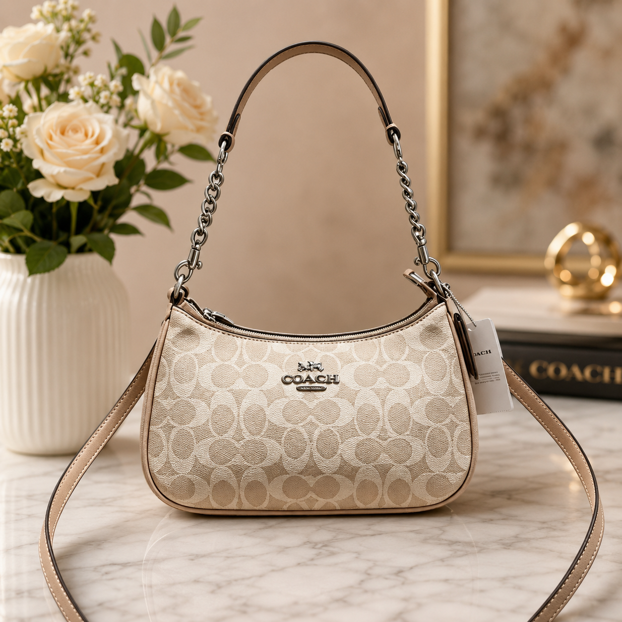 Coach Teri Shoulder Bag In Signature Canvas Silver /Sand/Taupe CV933 NWT
