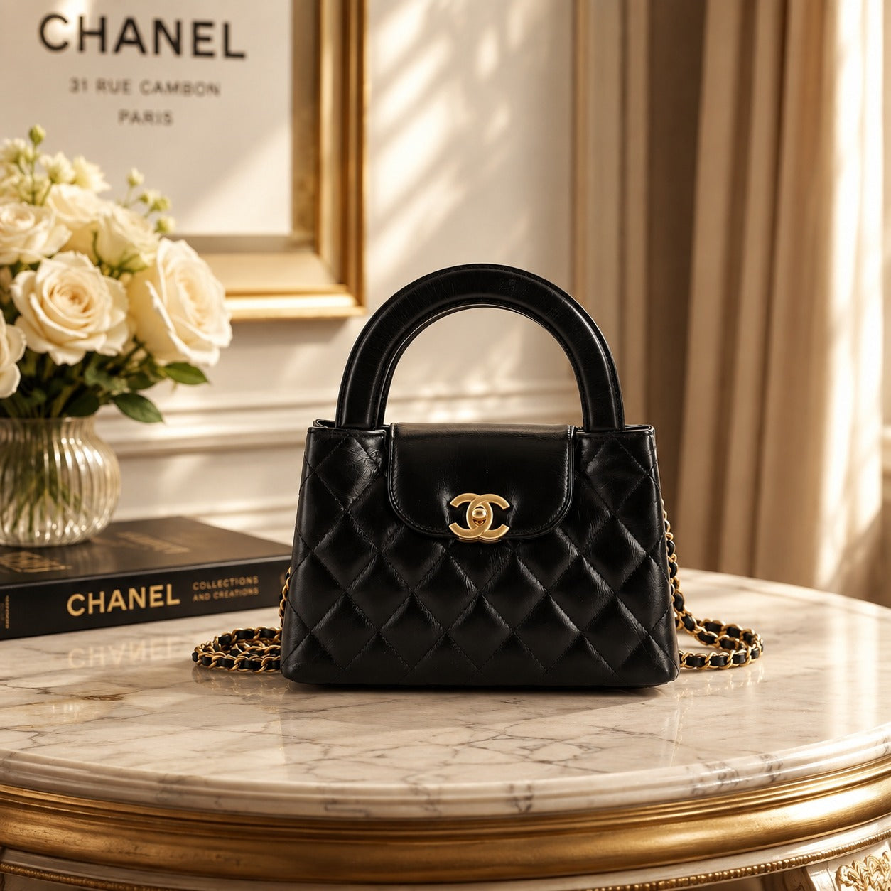 CHANEL Kelly Mini Shoulder Handbag Quilted Calfskin Black AS4416